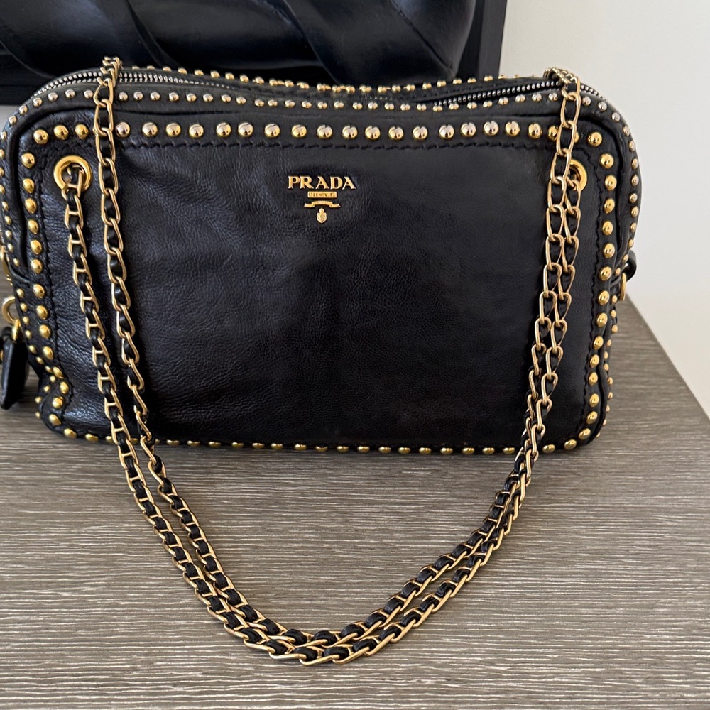 Prada Black Glace Calf Studded Chain Shoulder Bag